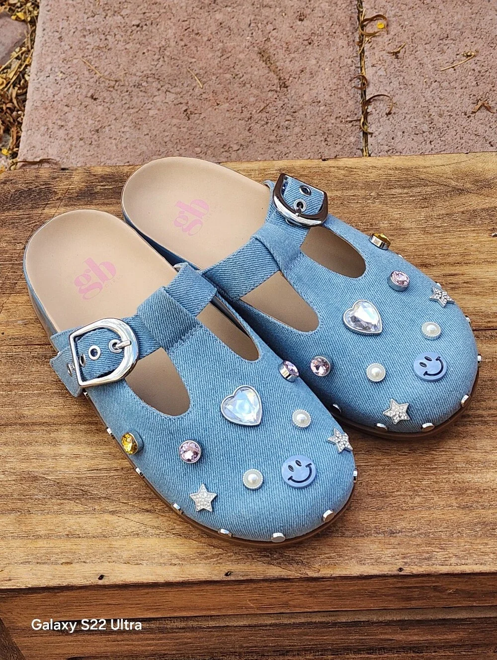 Gb Girls Light Blue Denim Jeweled Mules Sandals Youth Size 5